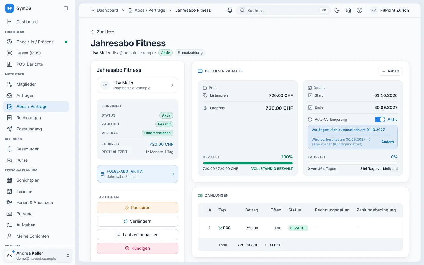 GymOS Abo-Detail «Jahresabo Fitness» mit Preis, Laufzeit, Zahlungen und Aktionen